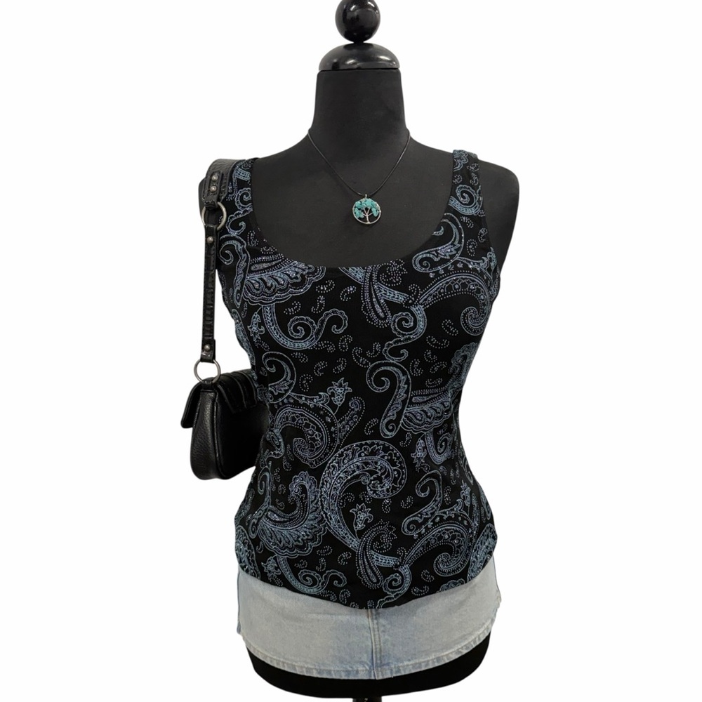 Alex Evenings Black Blue Paisley Tank Top Y2K Scoop Neck Medium